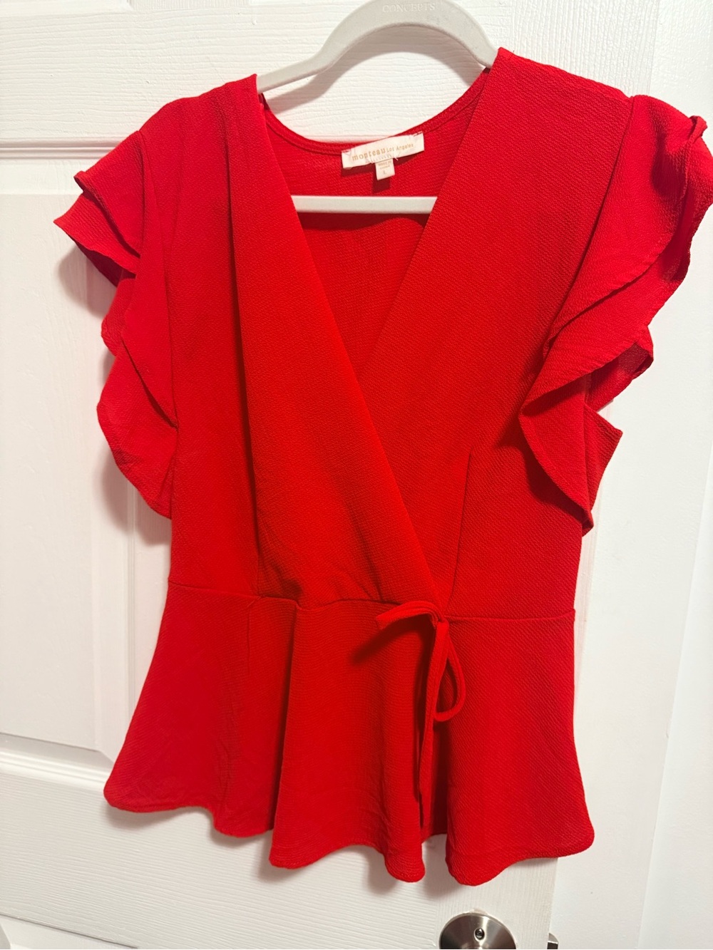 Monteau Red Ruffle Sleeve Wrap Peplum Top